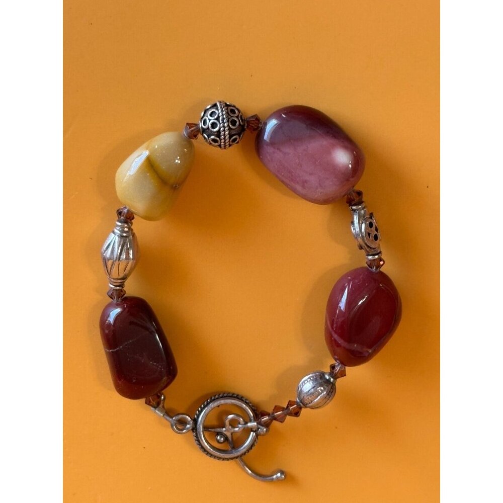 Artisan Gemstone Mookite Jasper Orca Agate Canelian Stone Silverplate Bracelet - Picture 3 of 5